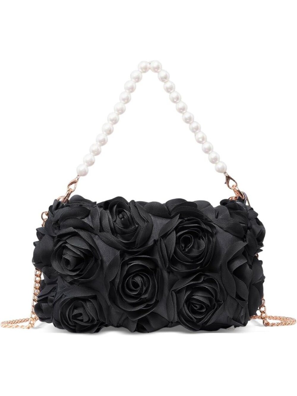 Women's Black 3D Floral Chiffon Pearl Beaded Top Handle Evening Clutch Purse